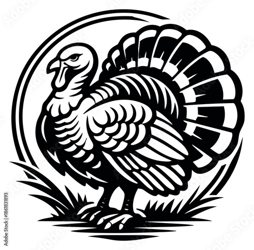 Bold line art illustration of a wild turkey depicting an emblem design for seasonal celebrations