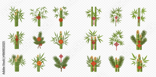Set of traditional Japanese Kadomatsu bamboo and pine decorations for New Year celebration.