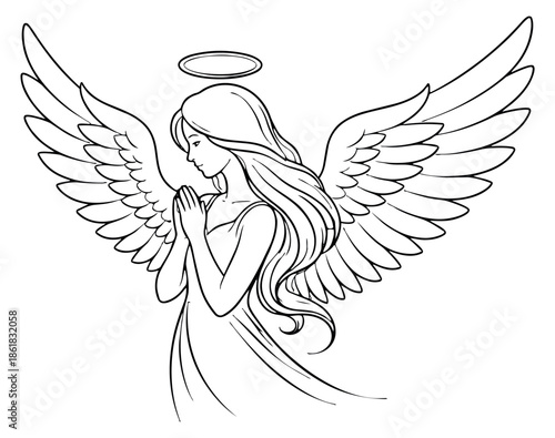 Line art illustration of an angel depicting hands clasped in prayer for spiritual themes