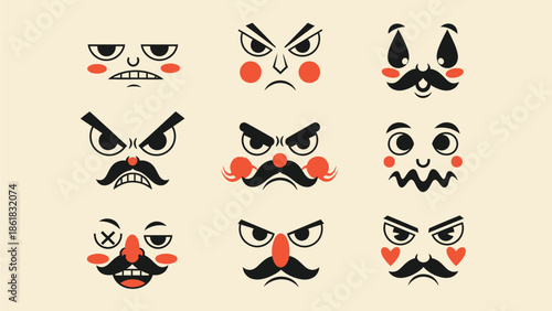 Variety of cartoon faces with mustaches and emotions