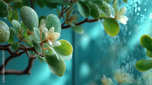 Green Plant Decoration on White Background, Frosted Glass Texture with Soft Gradient, Minimalist Style for Packaging Design or Web Background
