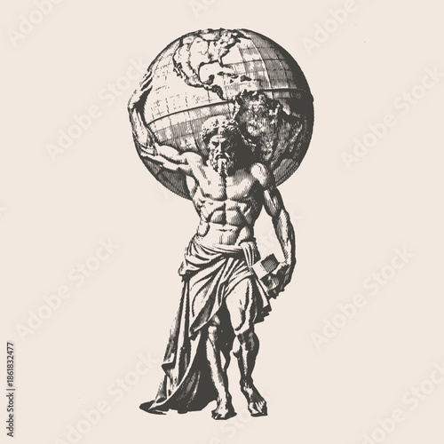 Vintage Etching Illustration of Atlas Holding the Earth Globe on His Shoulders, Greek Mythology Titan Concept of Strength and Responsibility, Black and White Engraving Style Art