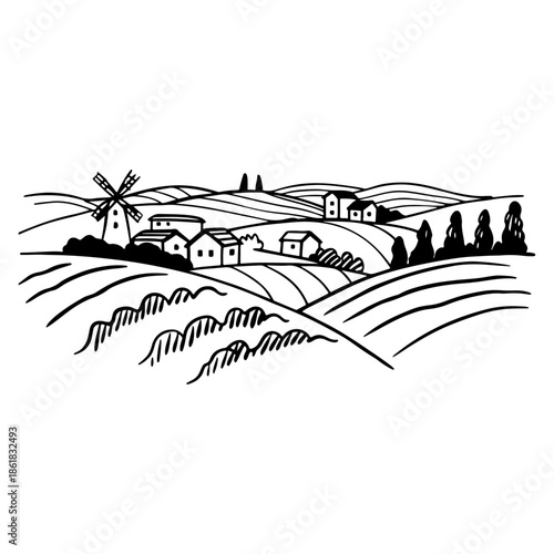 Rural Village Landscape Illustration Featuring Windmill, Barns, Fields, Trees, Hills, and Traditional Countryside Architecture