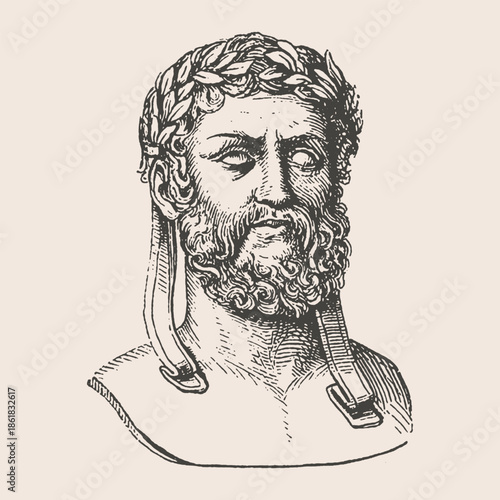Vintage Engraving Style Illustration of an Ancient Greek Philosopher with Laurel Wreath and Beard