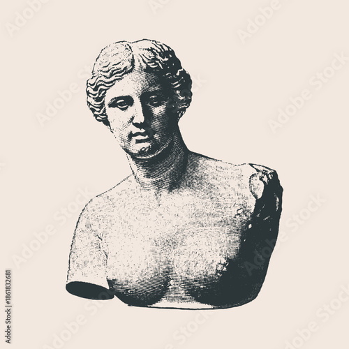 Classical Greek Marble Statue Bust in Vintage Halftone Engraving Style, Minimalist Black Ink Illustration of Ancient Roman Goddess for Art and History Projects