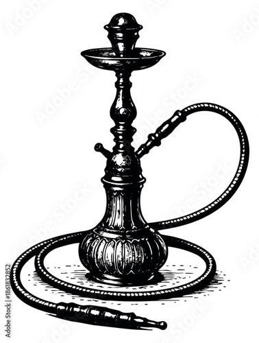 Hand drawn line art illustration of a hookah depicting a vintage shisha pipe for an oriental themed design