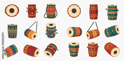Set of Indian Dholak drums in various angles and colors, traditional musical instrument collection.