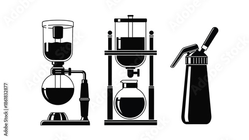Coffee brewing equipment silhouettes for cafe or restaurant design