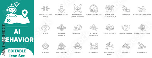 AI Behavior and Machine Learning Line Icon Set featuring Neural Networks, Algorithms, Data Processing, Deep Learning, Robotics, and Artificial Intelligence Symbols for Tech Vector Design.