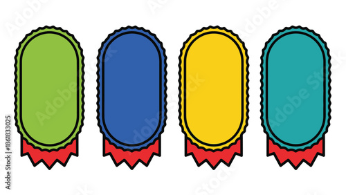 A colorful illustration of four blank ribbons in green, blue, yellow, and teal.