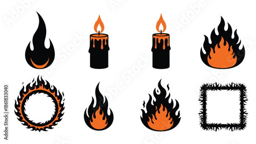 Vibrant orange and black flame icons and burning candles
