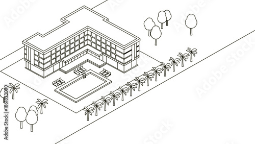 Modern hotel with pool by the beach in tropical setting