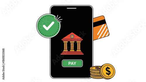 A smartphone with a mobile payment interface on the screen next to a credit card and coins