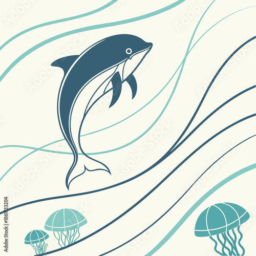 Dolphin jumping amongst jellyfish
