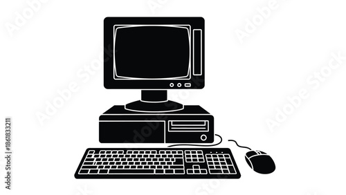 A simple black and white illustration of a desktop computer setup