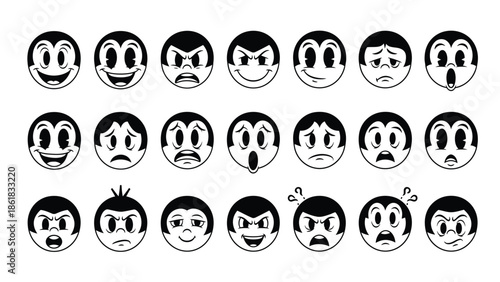 Various cartoon faces with different emotions on white background