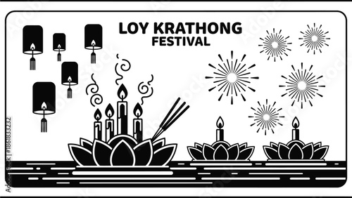 A black and white illustration of the Loy Krathong Festival with candles and fireworks