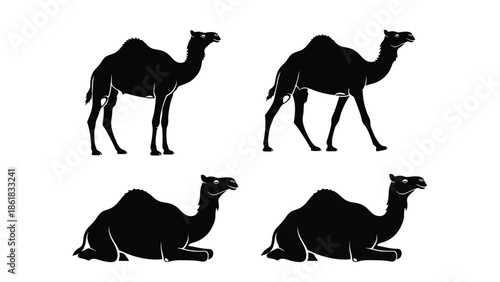 A set of black camel silhouettes in different poses on a white background