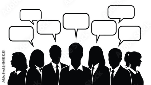 A group of business people in silhouette discussing ideas with speech bubbles