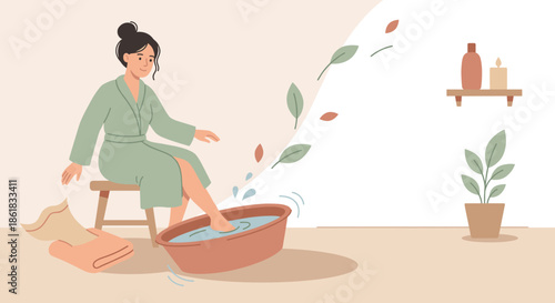 Young woman relaxing with foot soak in spa setting at home  