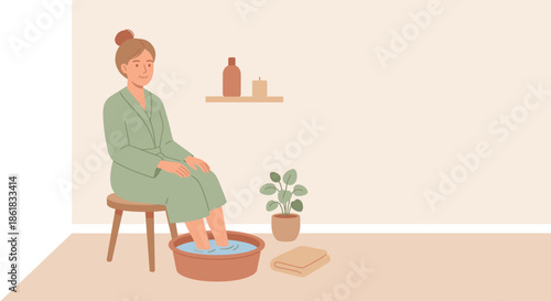 Woman relaxing with feet in bowl while sitting on stool at home  