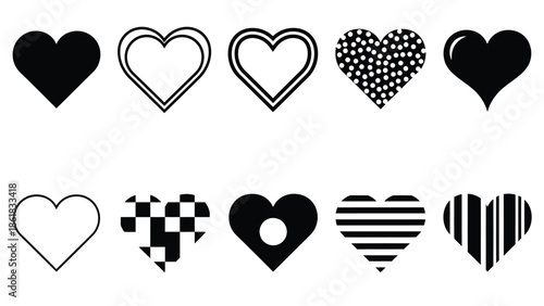 A collection of various black and white heart symbols on a plain background