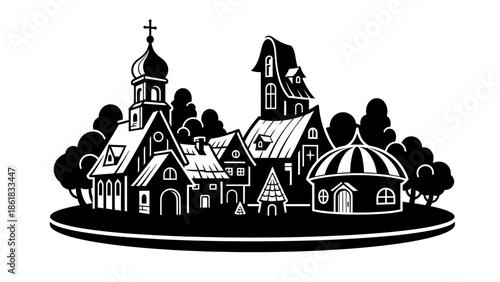 A black and white illustration of a small village with a church and houses