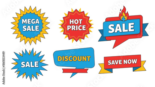 A collection of colorful sale stickers and banners on a white background