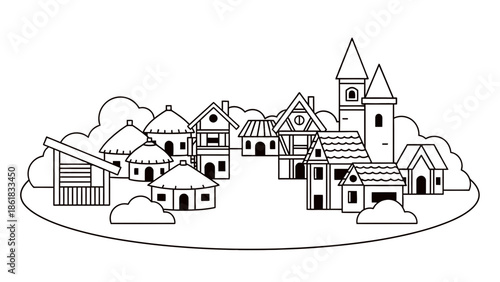 A colorful cartoon village with houses and a church on a green hill