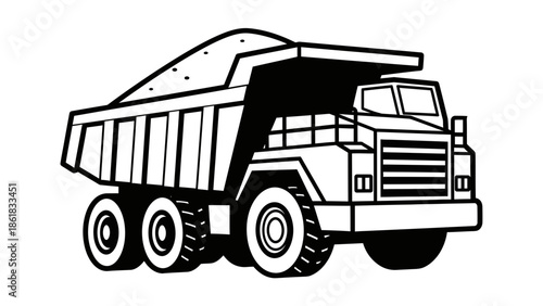 A large black and white illustration of a dump truck on a plain background