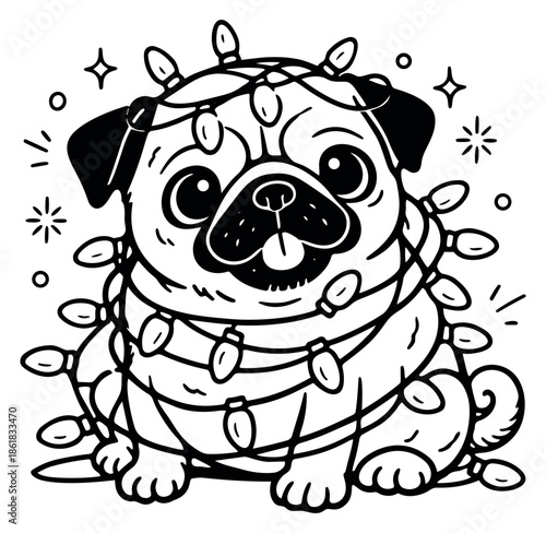 Hand drawn line art illustration of a pug dog depicting being wrapped in string lights for holiday designs