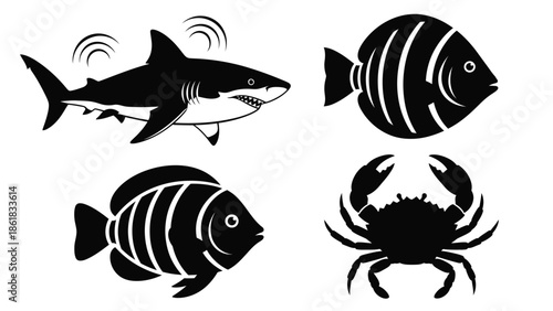 A set of black and white ocean animal silhouettes on a plain background