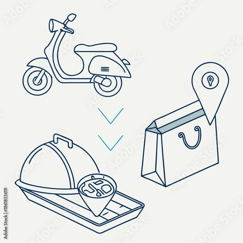 Scooter, pizza, shopping bag, and location pins