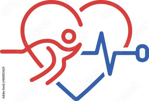 Modern line art vector combining a heart, a running human figure, and a blue heartbeat pulse line. Symbolizes cardiovascular health, fitness, and an active lifestyle.