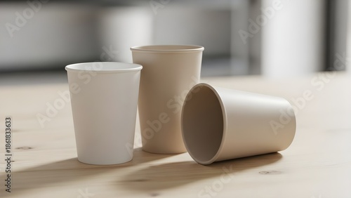 Wallpaper Mural Disposable paper cups arranged on a wooden table in neutral daylight Torontodigital.ca