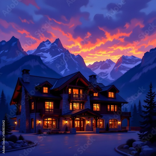 Mountain Hotel Exterior – Oil Art Landscape