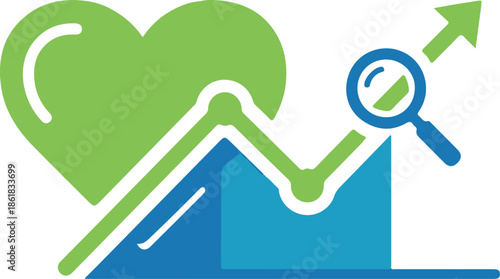 A dynamic vector graphic featuring a green heart and an upward-trending line chart with a magnifying glass, symbolizing heart health monitoring, medical data analysis, and wellness progress.