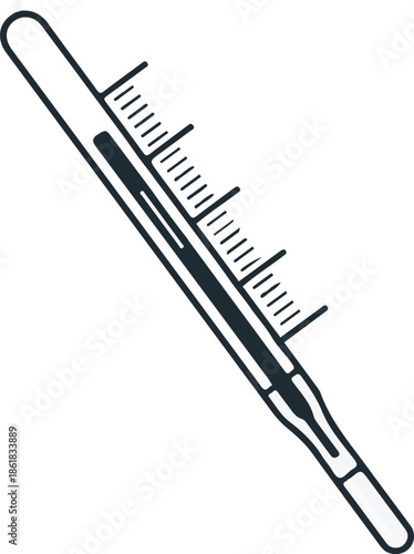 A minimalist black-and-white vector illustration of a classic glass medical thermometer, featuring a clear scale and internal liquid column for temperature measurement.