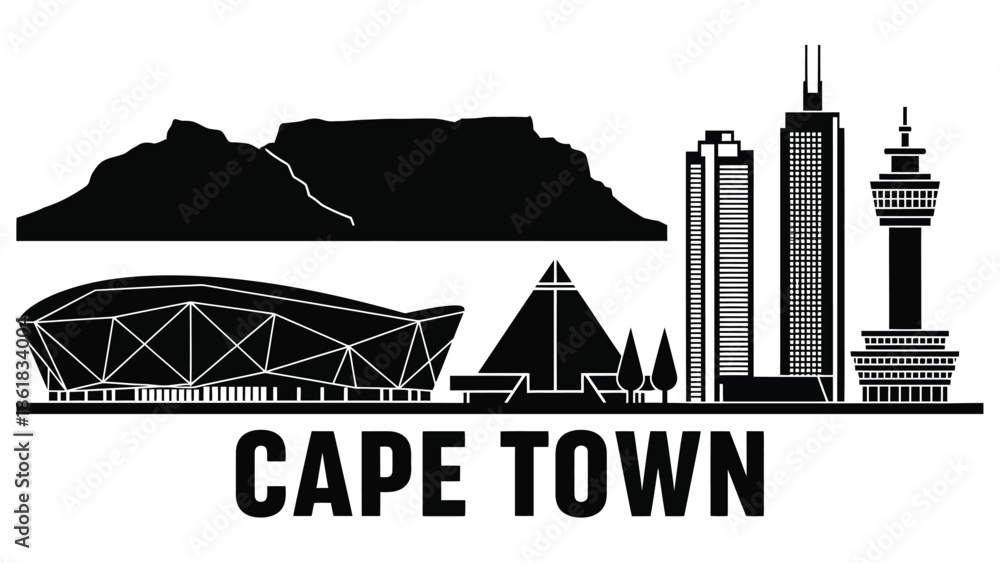 Obraz premium A black and white illustration of the Cape Town city skyline and landscape