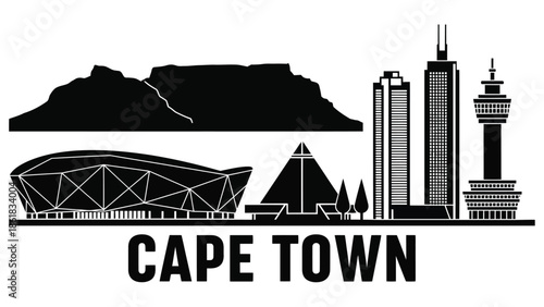 A black and white illustration of the Cape Town city skyline and landscape