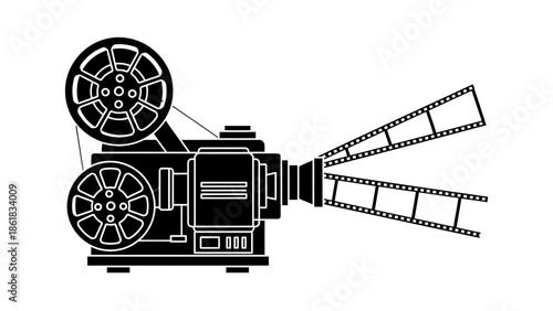 A black and white illustration of a vintage film camera with film reels