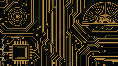A close-up view of a circuit board with intricate golden lines and patterns