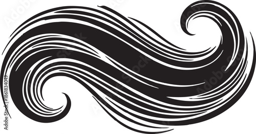 Stylized black and white vector illustration of flowing hair or ocean waves. Features elegant, dynamic curved lines that suggest movement, texture, and grace.