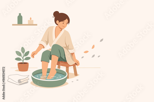 Woman relaxing while soaking feet in spa bowl at home  