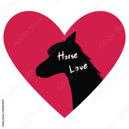 Minimal a horse silhouette inside a red heart with the text “Horse Love, horse valentine