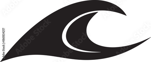 A minimalist black vector silhouette of a stylized curling wave with smooth, sharp lines, capturing the essence of a powerful ocean swell in a modern and clean aesthetic.