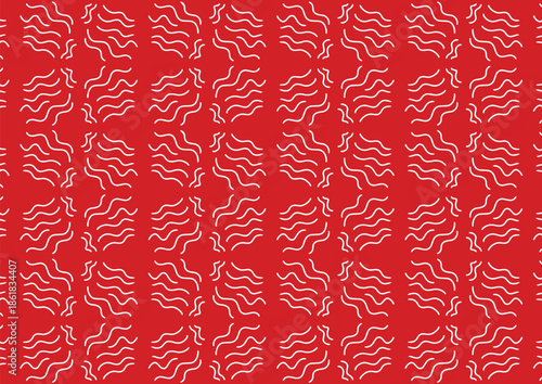 Vibrant red background with white abstract line patterns in repeating rows and a solid white lower section.
