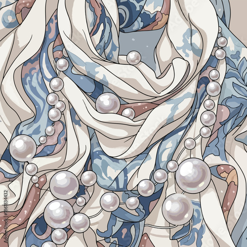 Pearls on white fabric closeup detail.