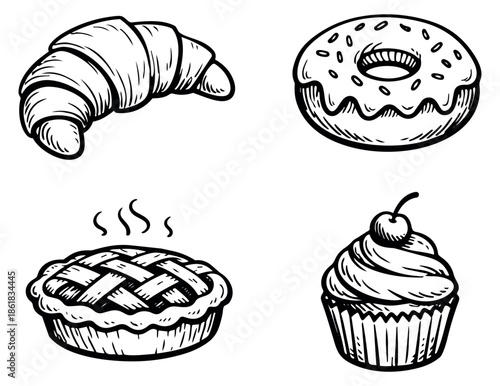 Hand drawn bakery set featuring a croissant, donut, pie, and cupcake for menu design