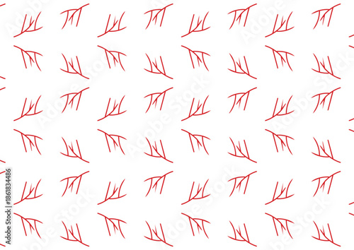 A seamless pattern of multiple red abstract branches on a white background with a minimalist design aesthetic.
